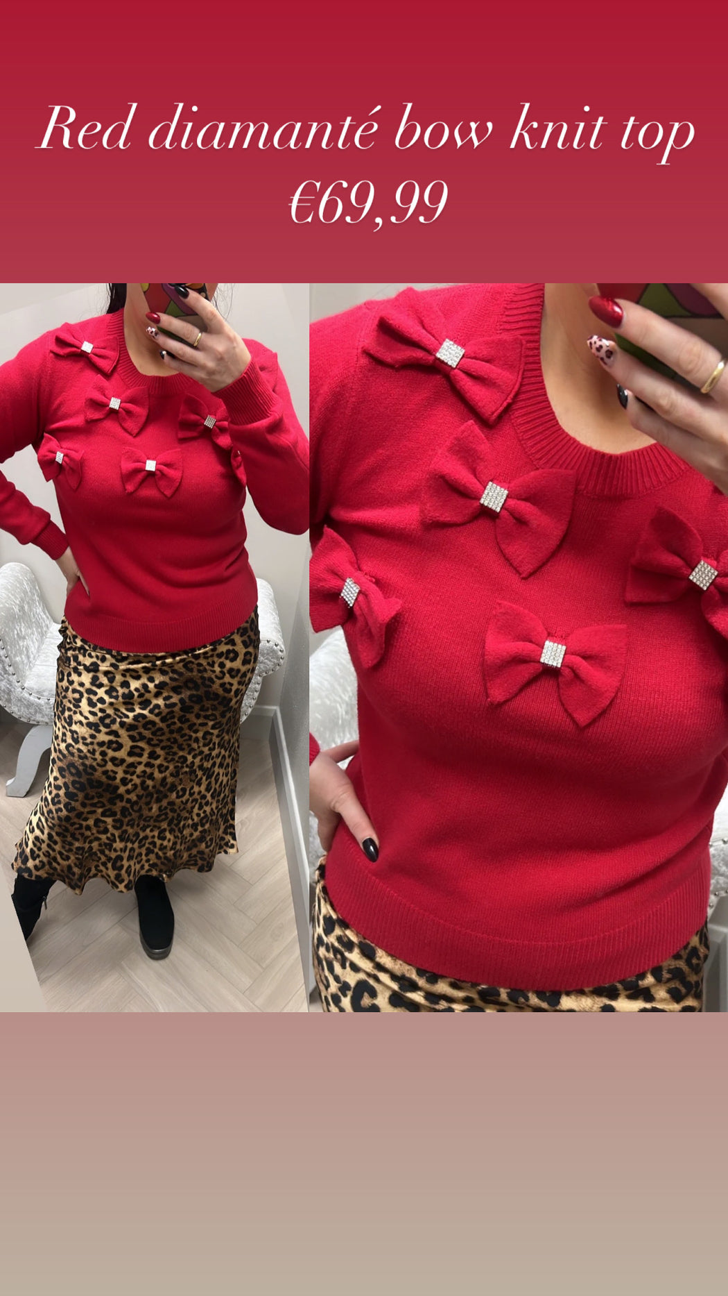 Red diamanté bow knit top