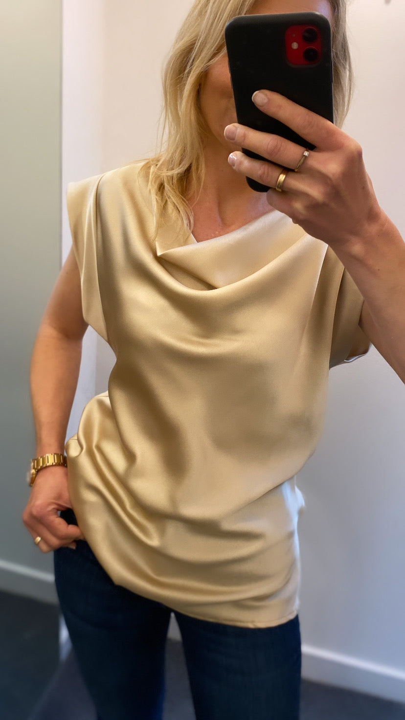 Satin gold cowl neck top