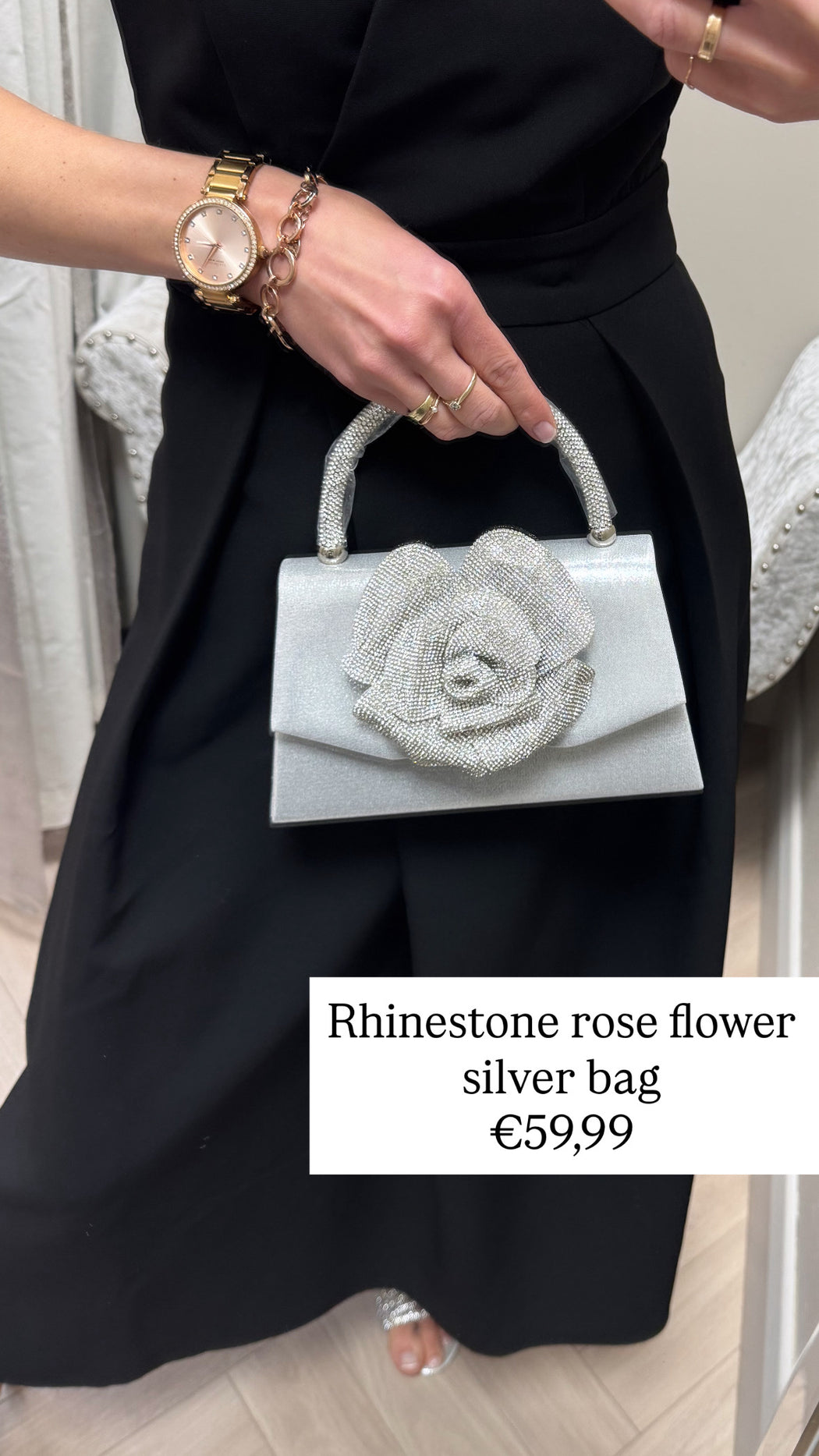 Rhinestone rose flower silver bag