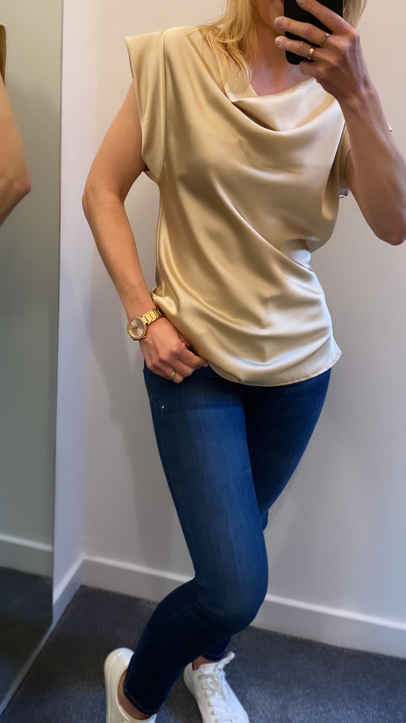 Satin gold cowl neck top