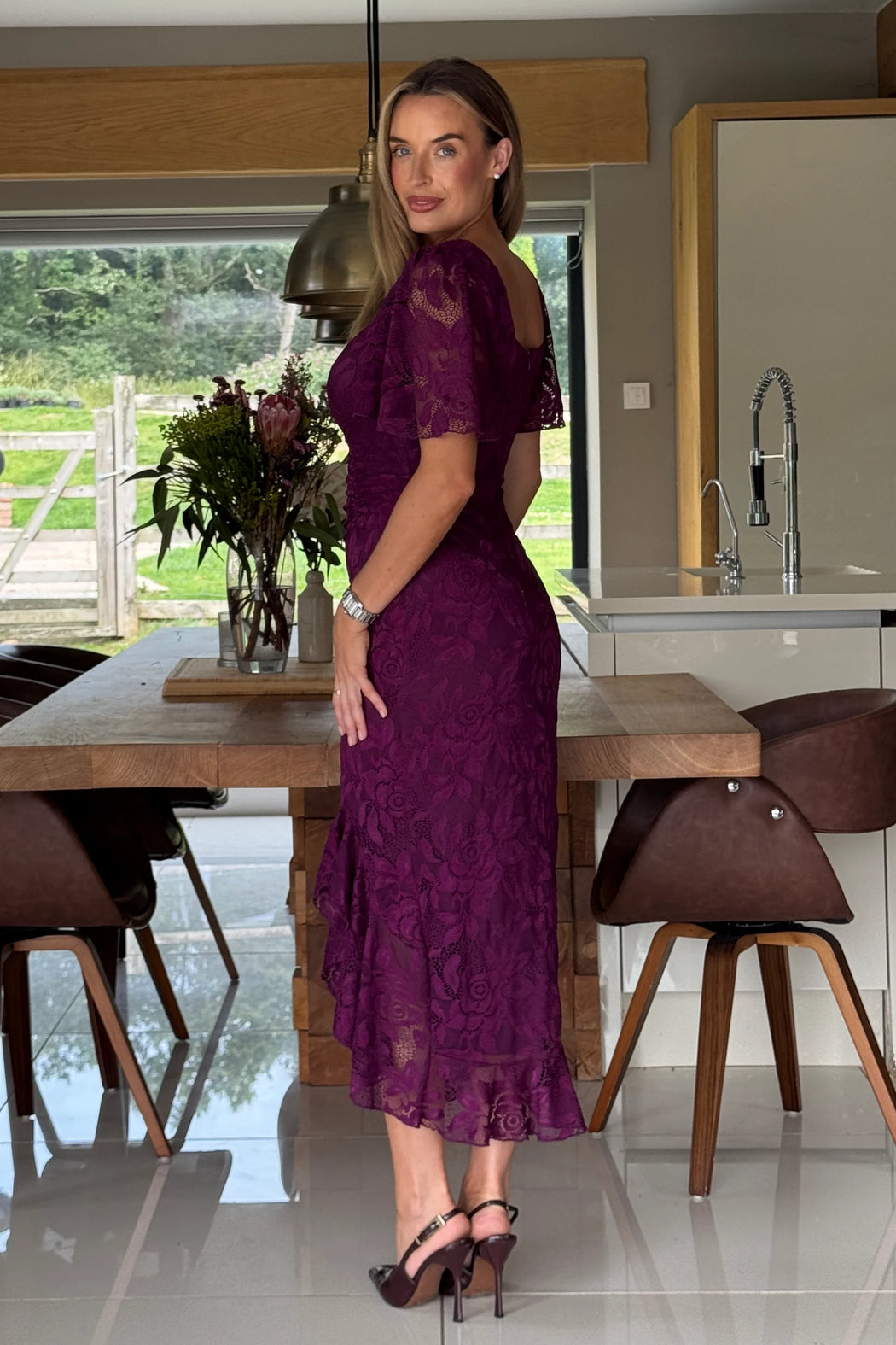 Heidi Lace Ruched Midi Dress Plum
