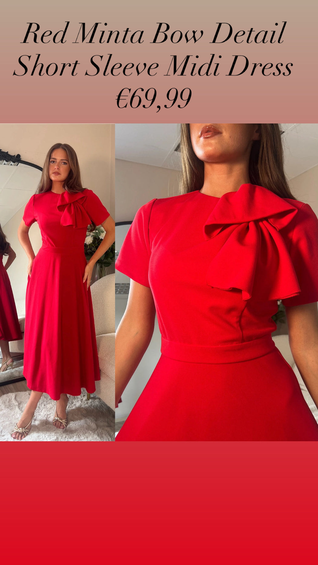 Red Minta Bow Detail Short Sleeve Midi Dress