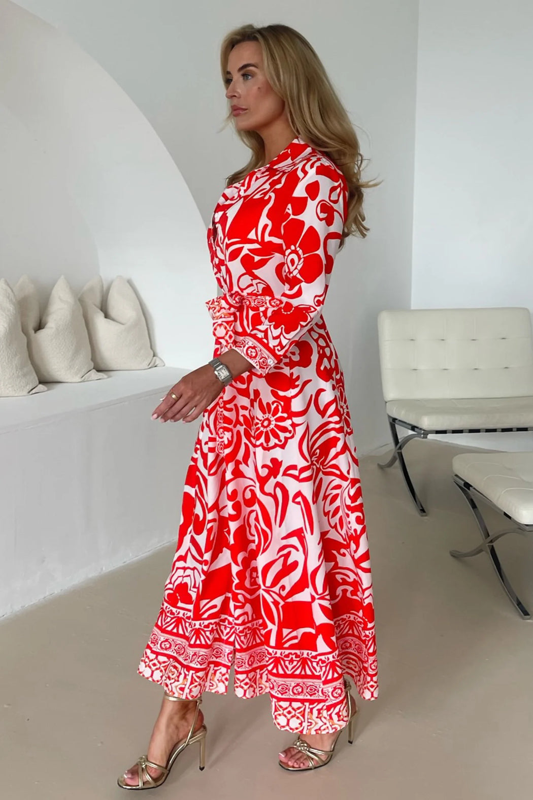 Angela Red Print Shirt Maxi Dress