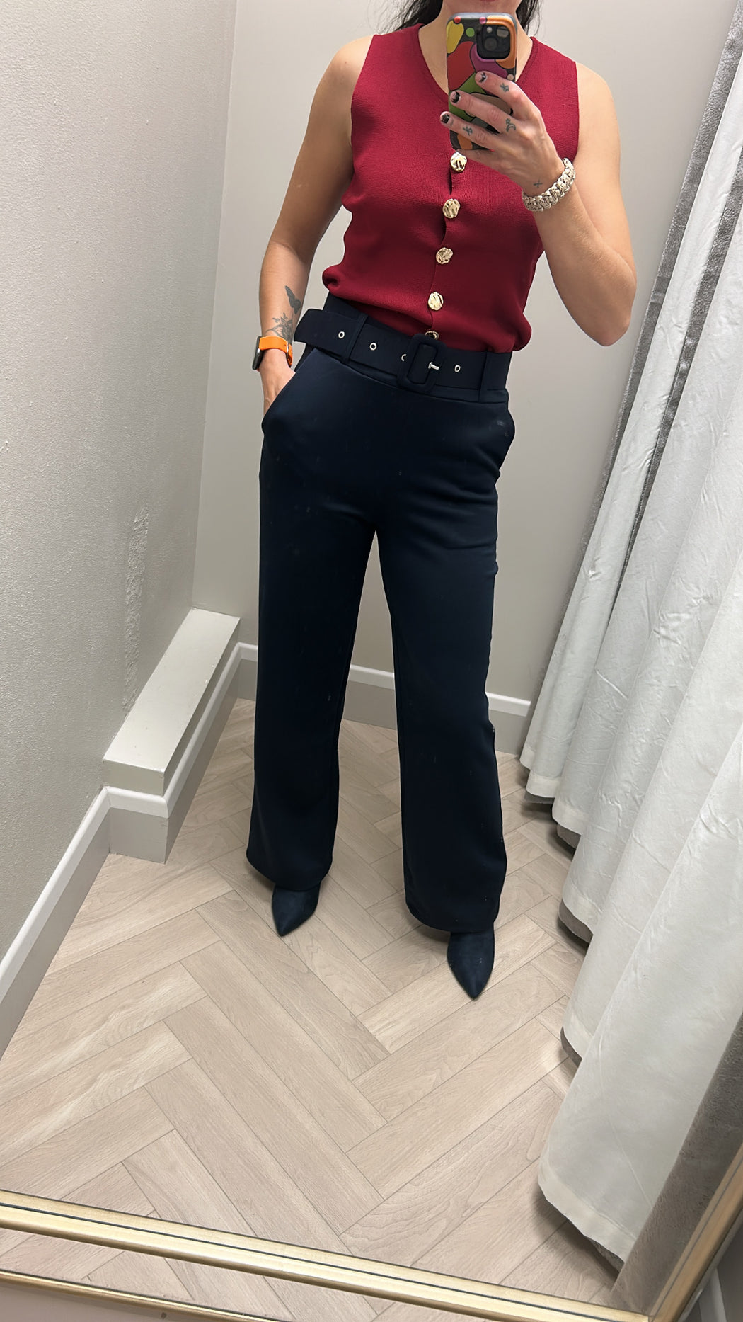Navy belted trousers