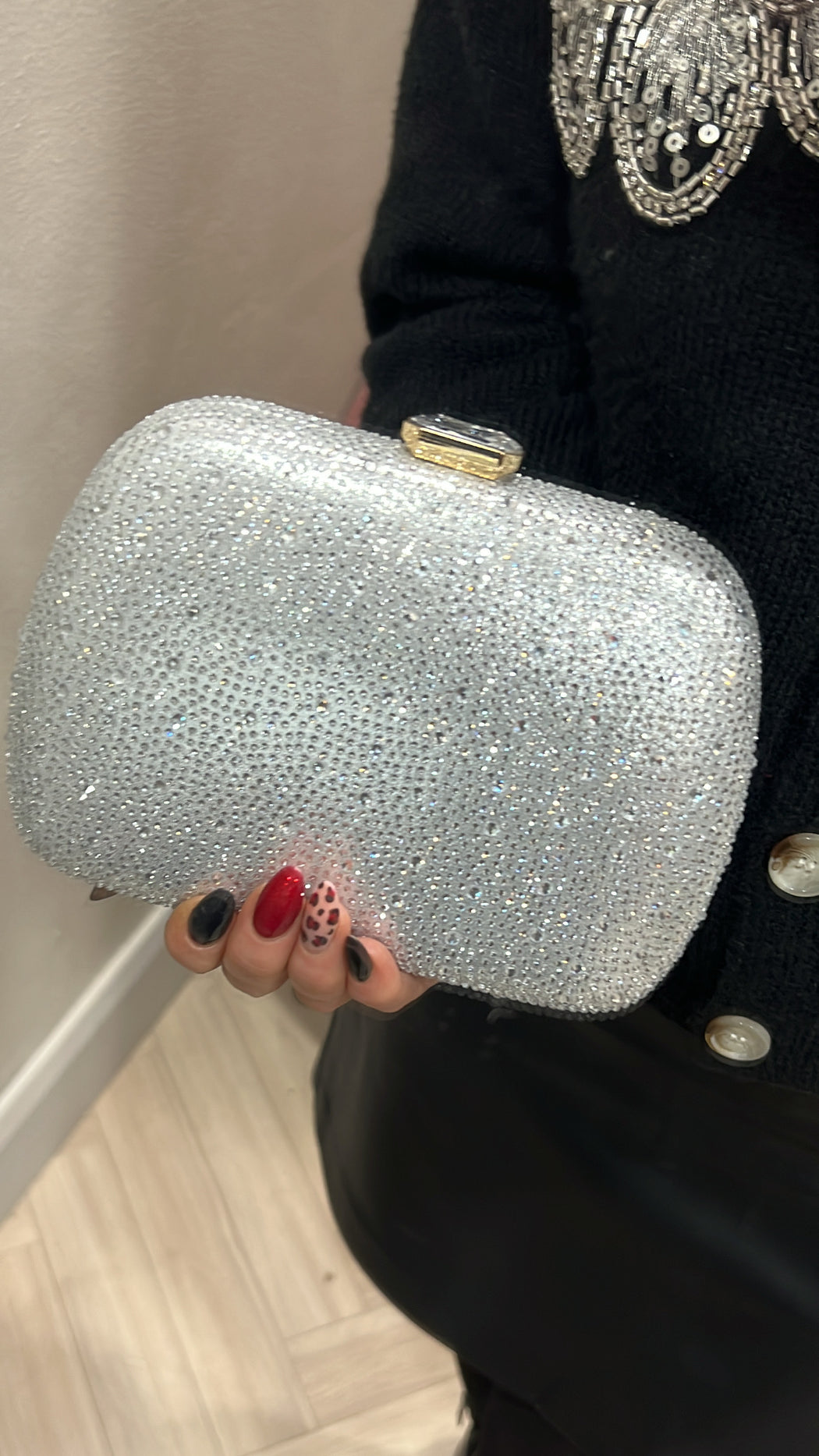 Silver sparkle clutch