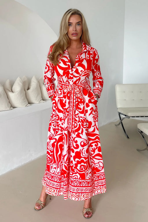 Angela Red Print Shirt Maxi Dress