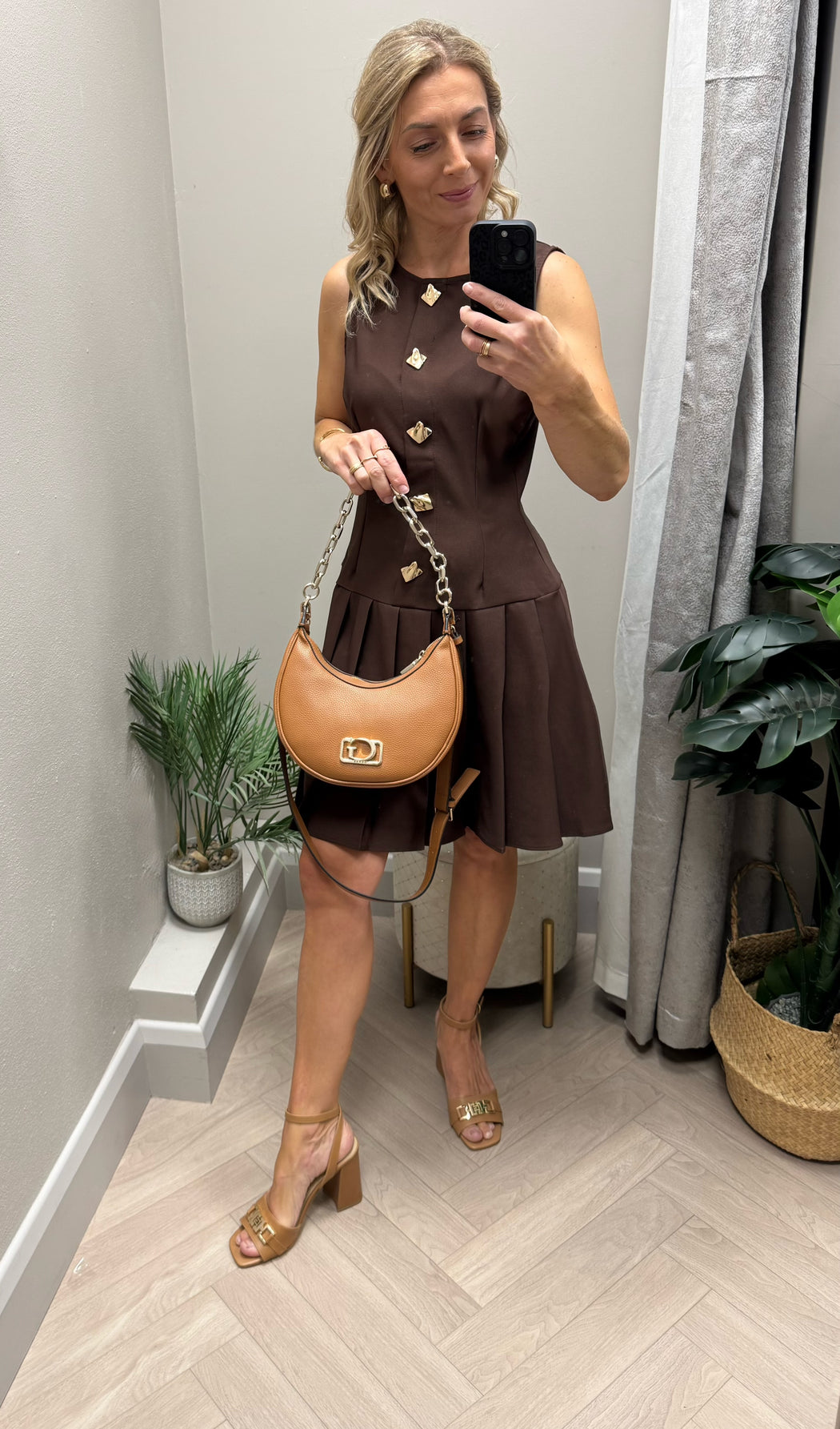 Penelope Tailored Pleated Mini Dress Brown