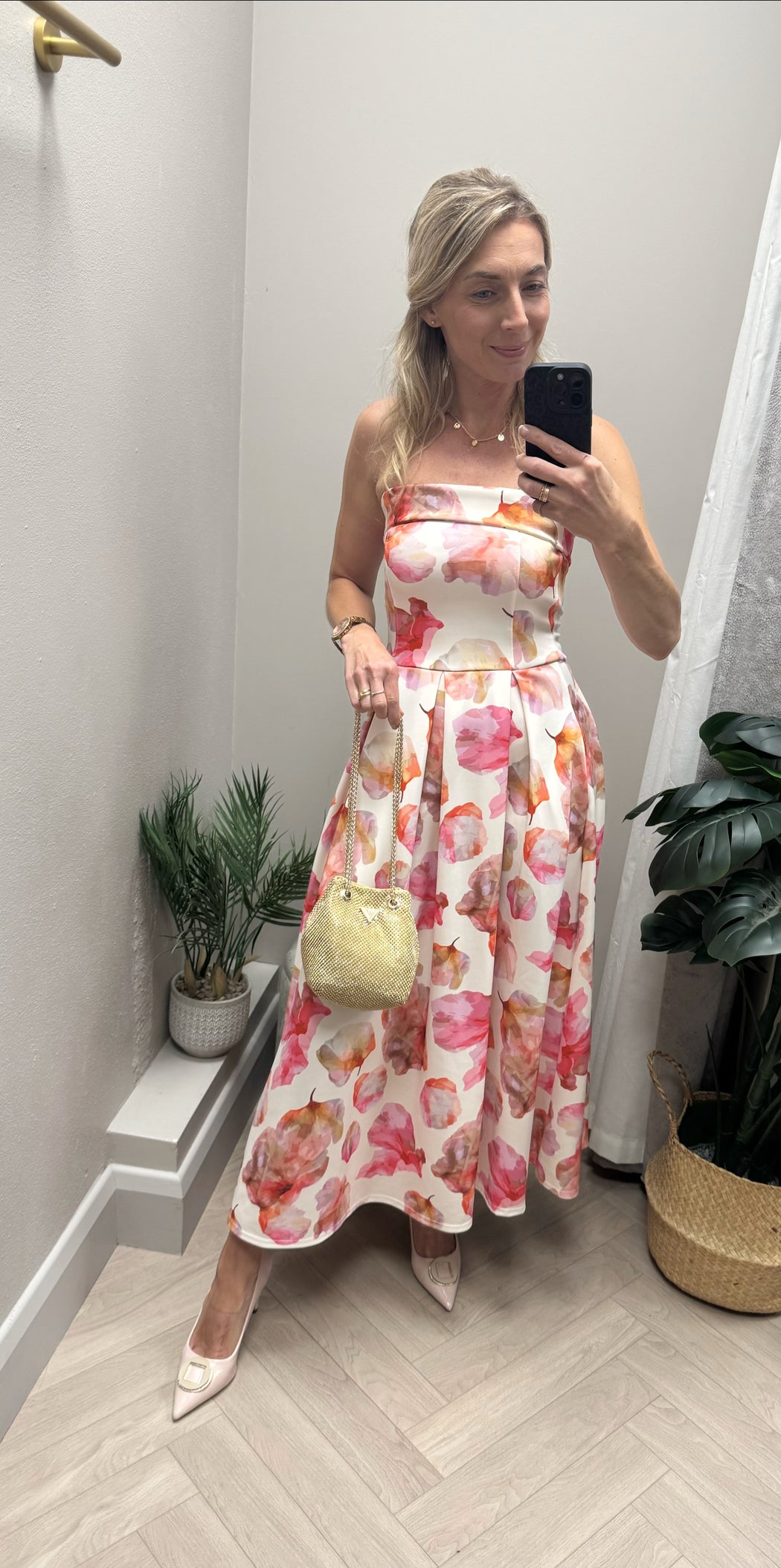 Danni Strapless Bandeau Midi Dress Pink Floral