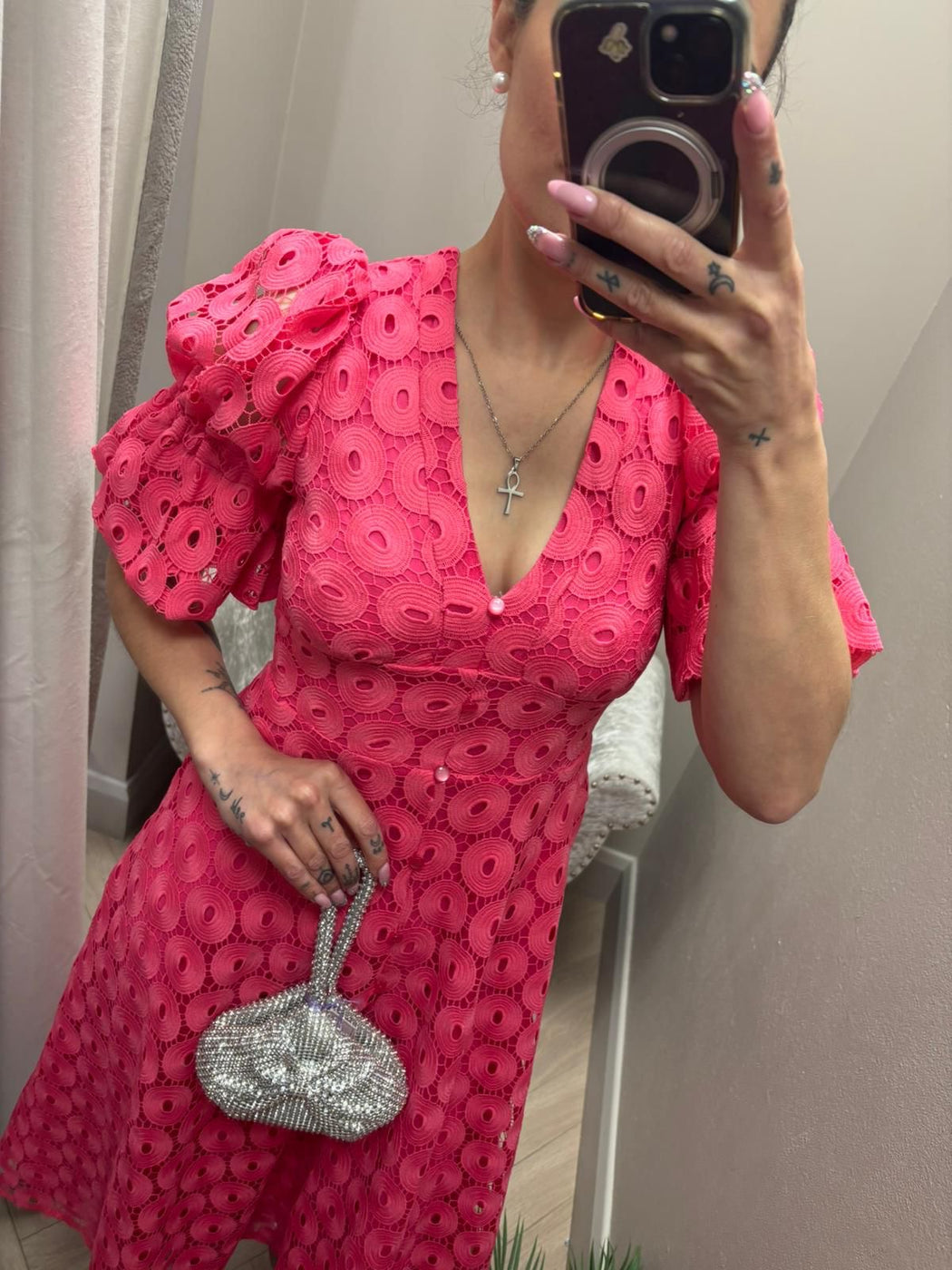 CALLIE PUFF SLEEVE FUSCHIA PINK LACE DRESS