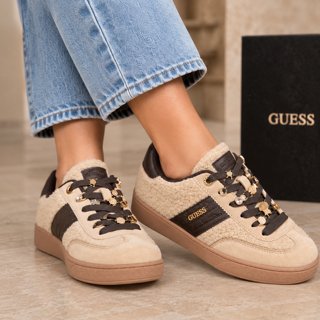 Guess beige teddy trainers flfn3afur12
