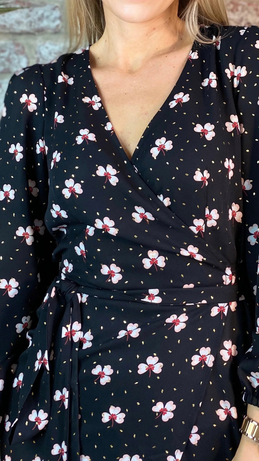 Shrimp black floral wrap midi dress traff