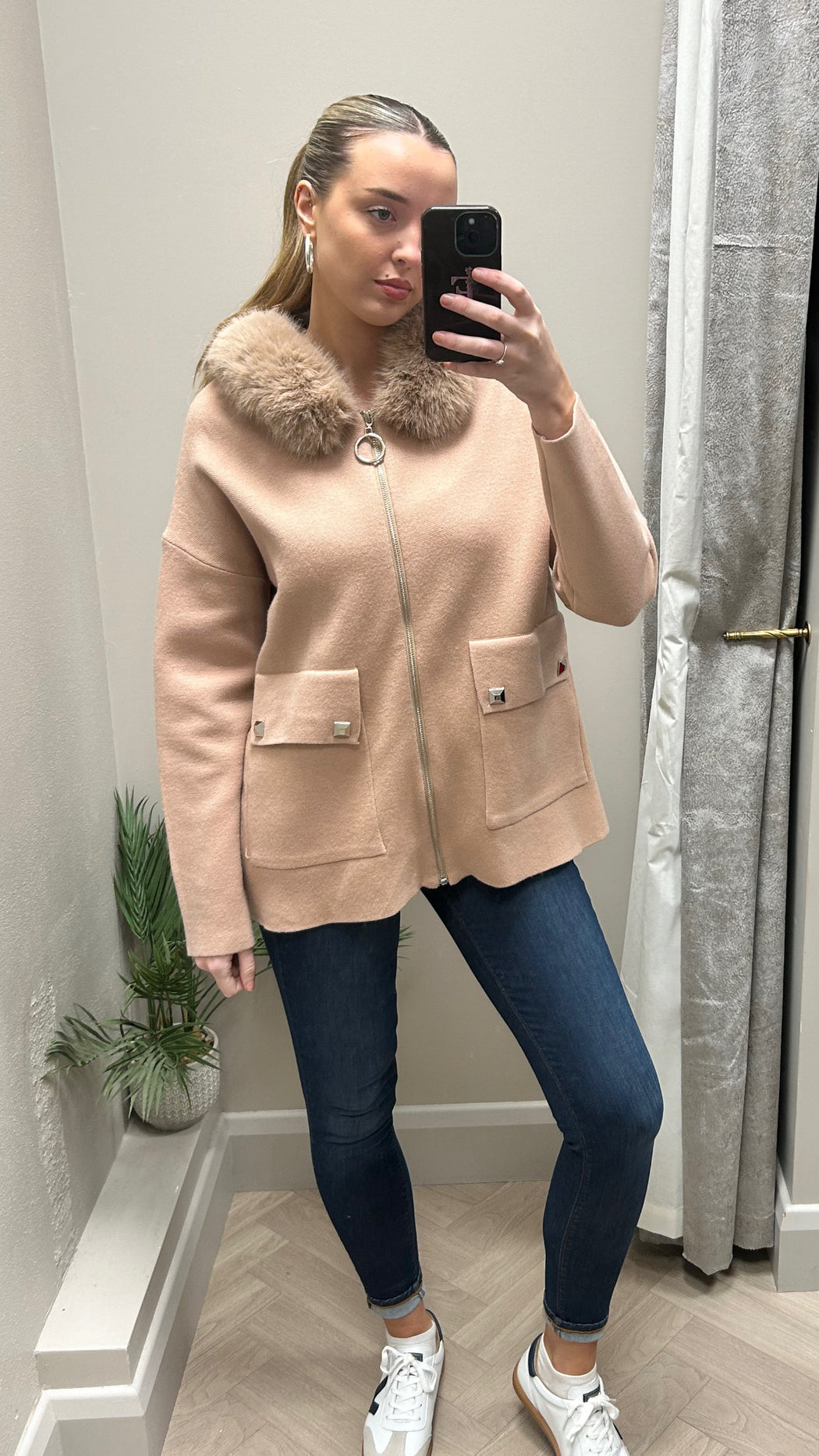 Beige hooded zip fur hood coatigan