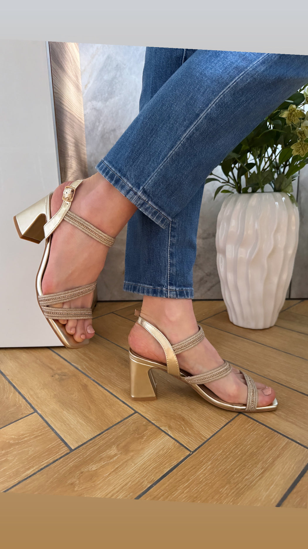 Brooklyns Gold block heel Bling Sandals