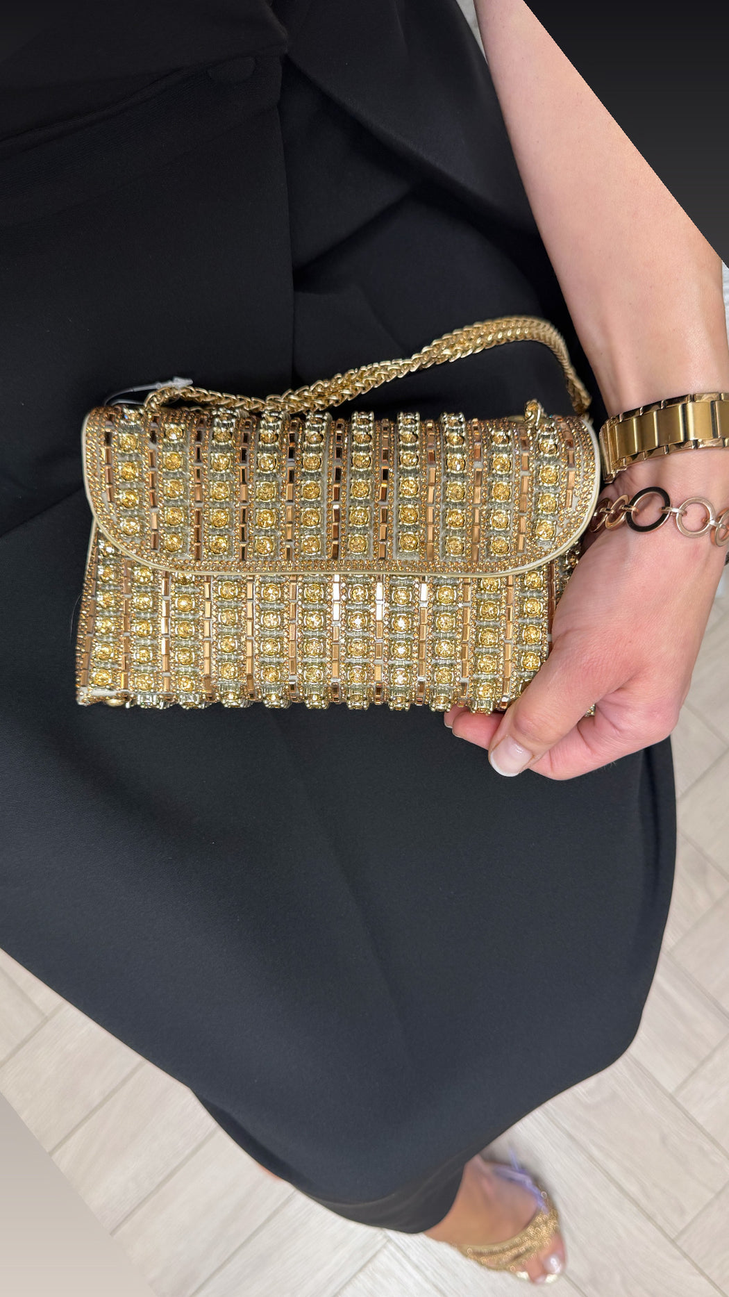 Sparkling crystal embellished gold bag