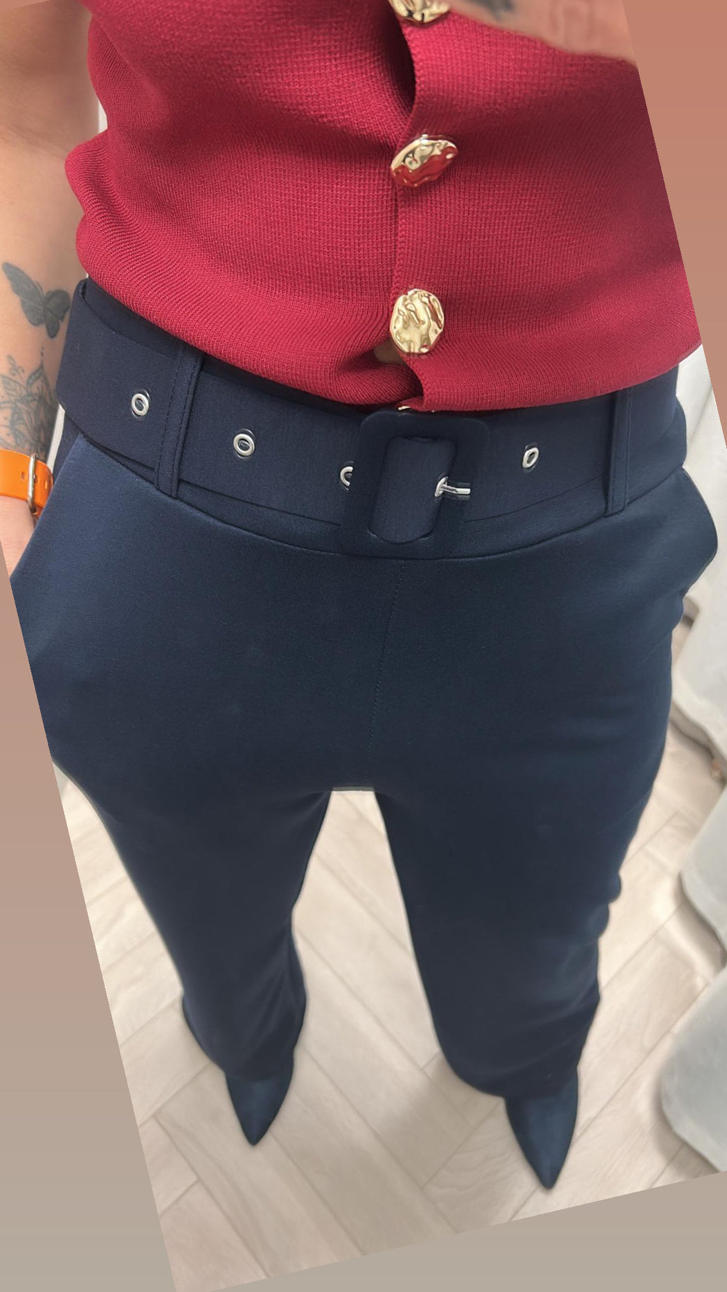 Navy belted trousers