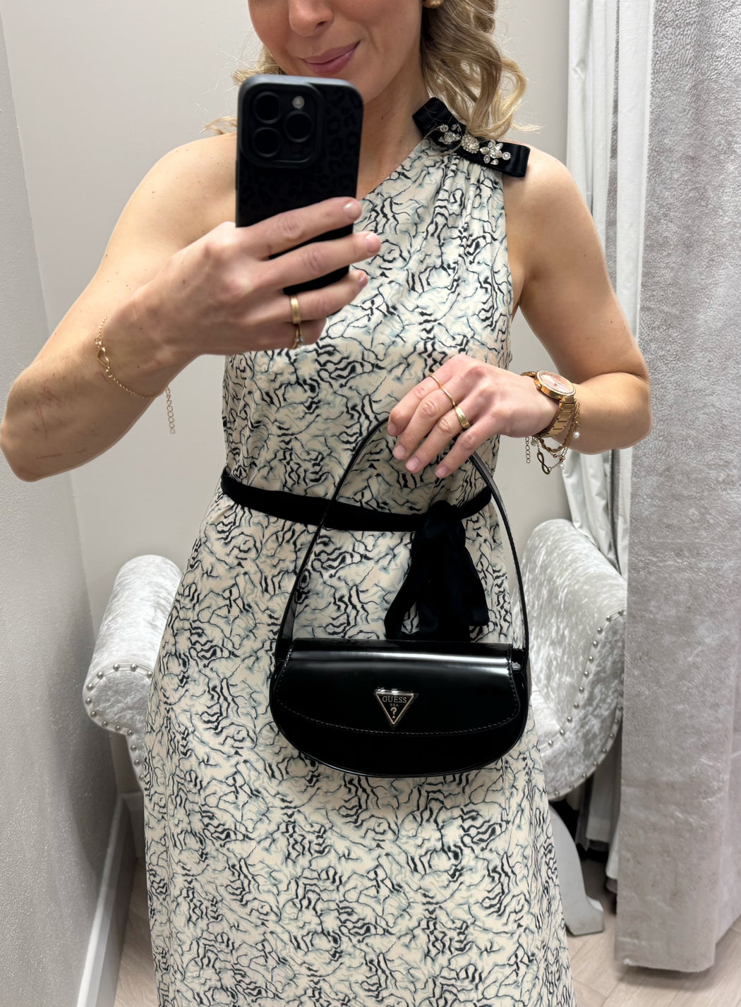 Kream beige black one shoulder dress