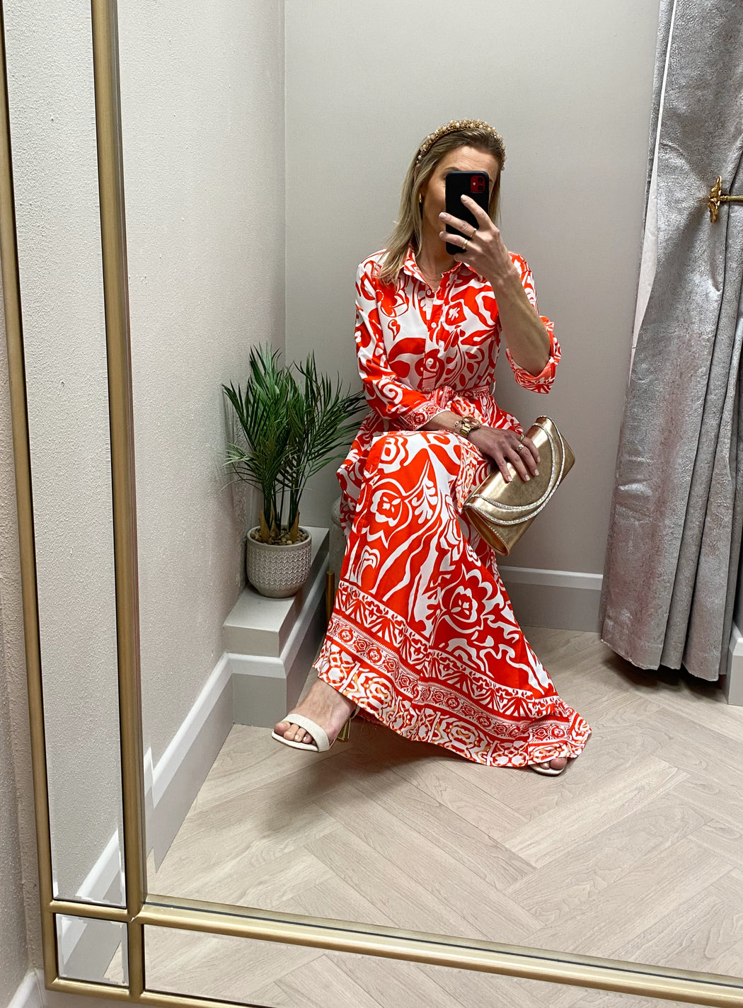 Angela Red Print Shirt Maxi Dress