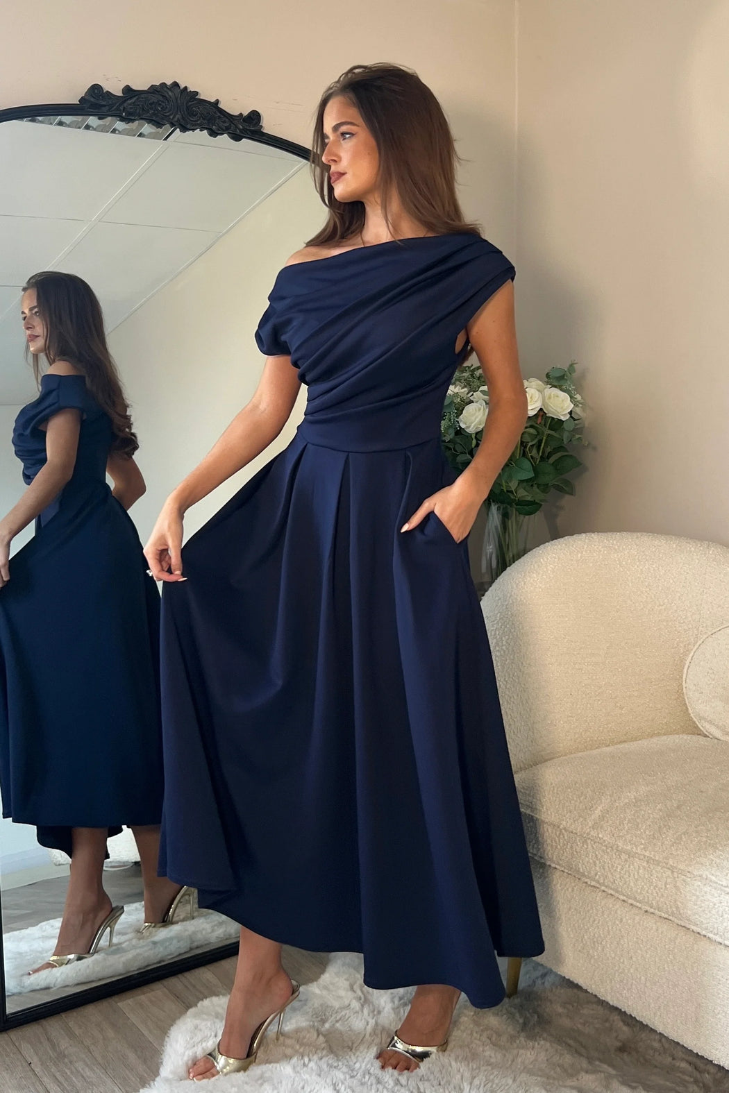 Betty Asymmetric Neckline Skater Midi Navy