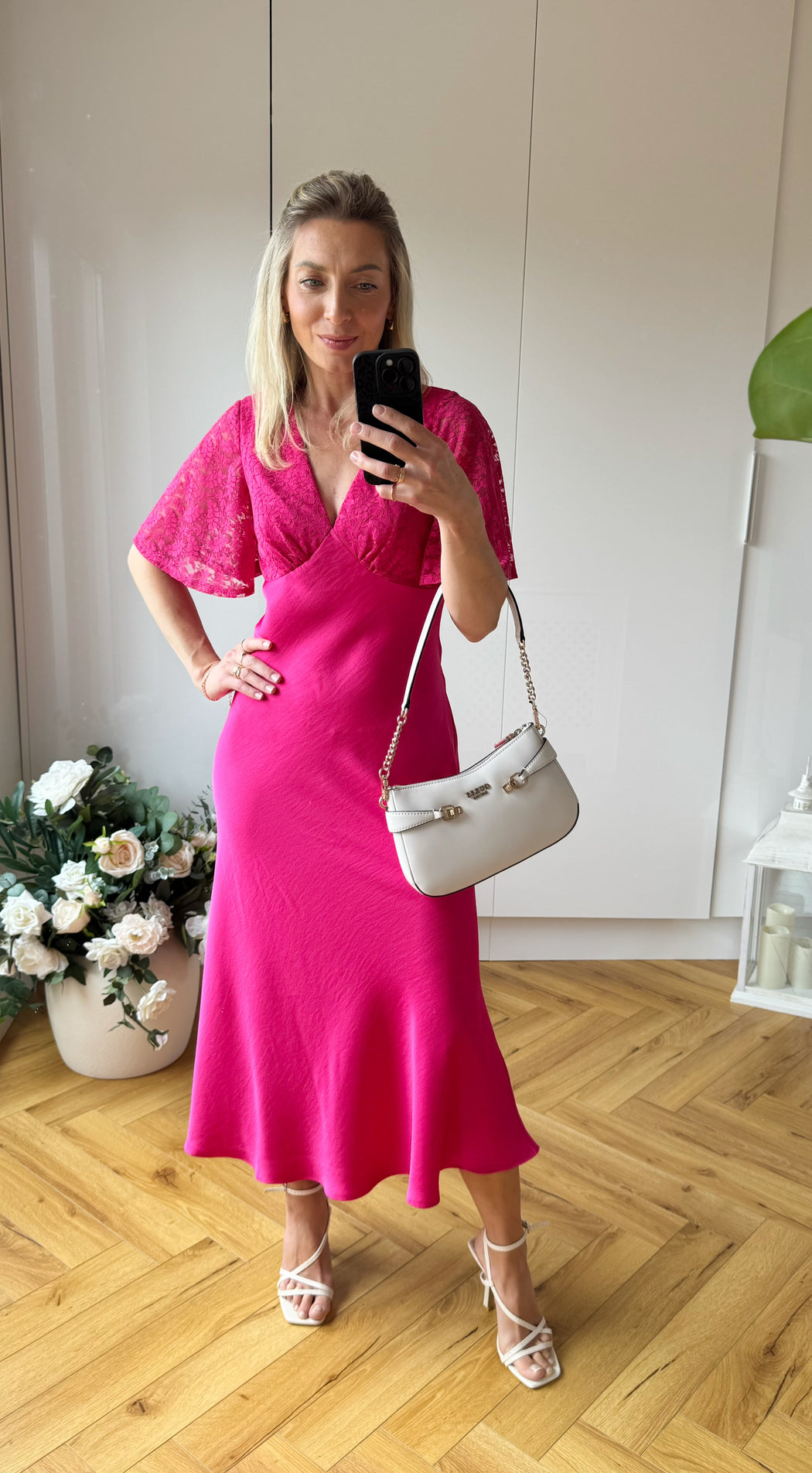 Pink Lace Satin Midi Dress