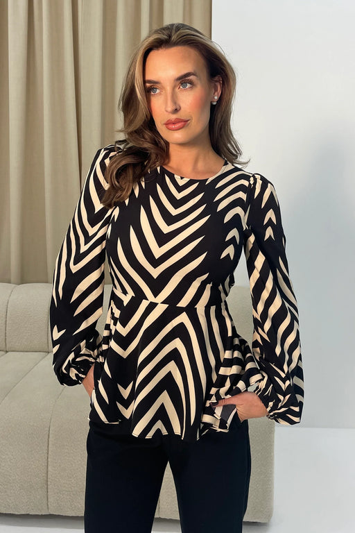 Leanna Black Abstract Balloon Sleeve Peplum Top