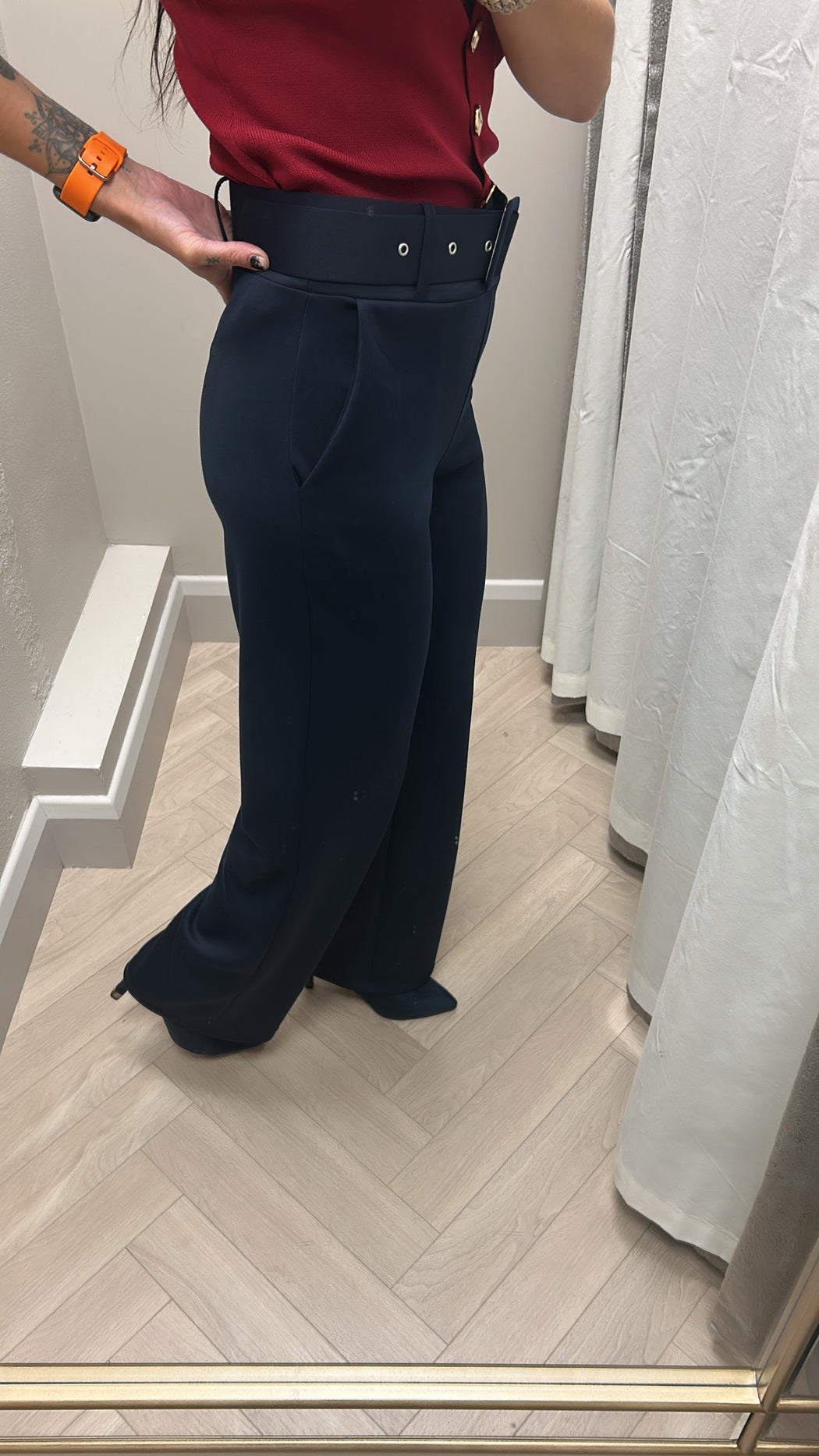 Navy belted trousers