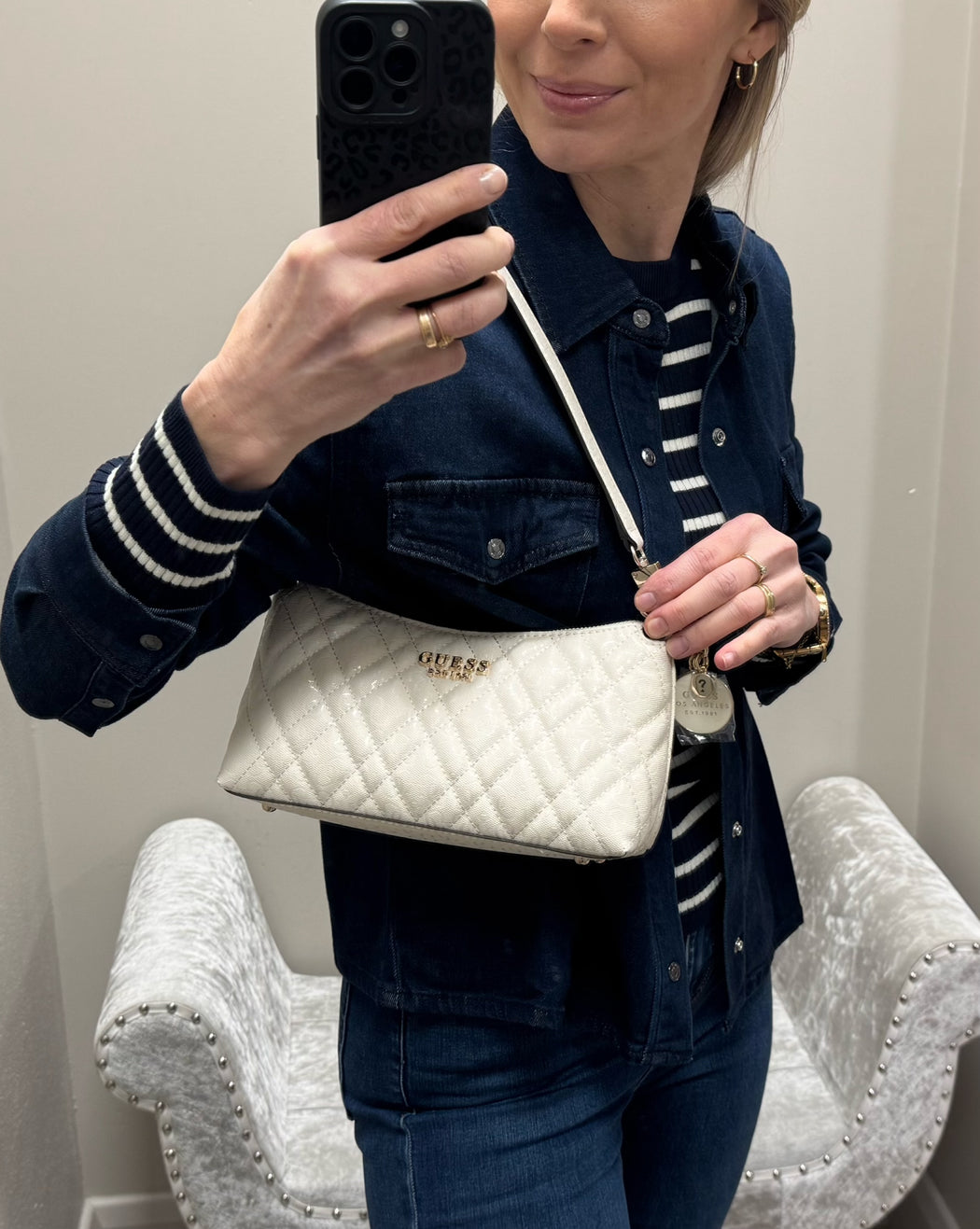Guess off White Logo Isemay Shoulder Bag
