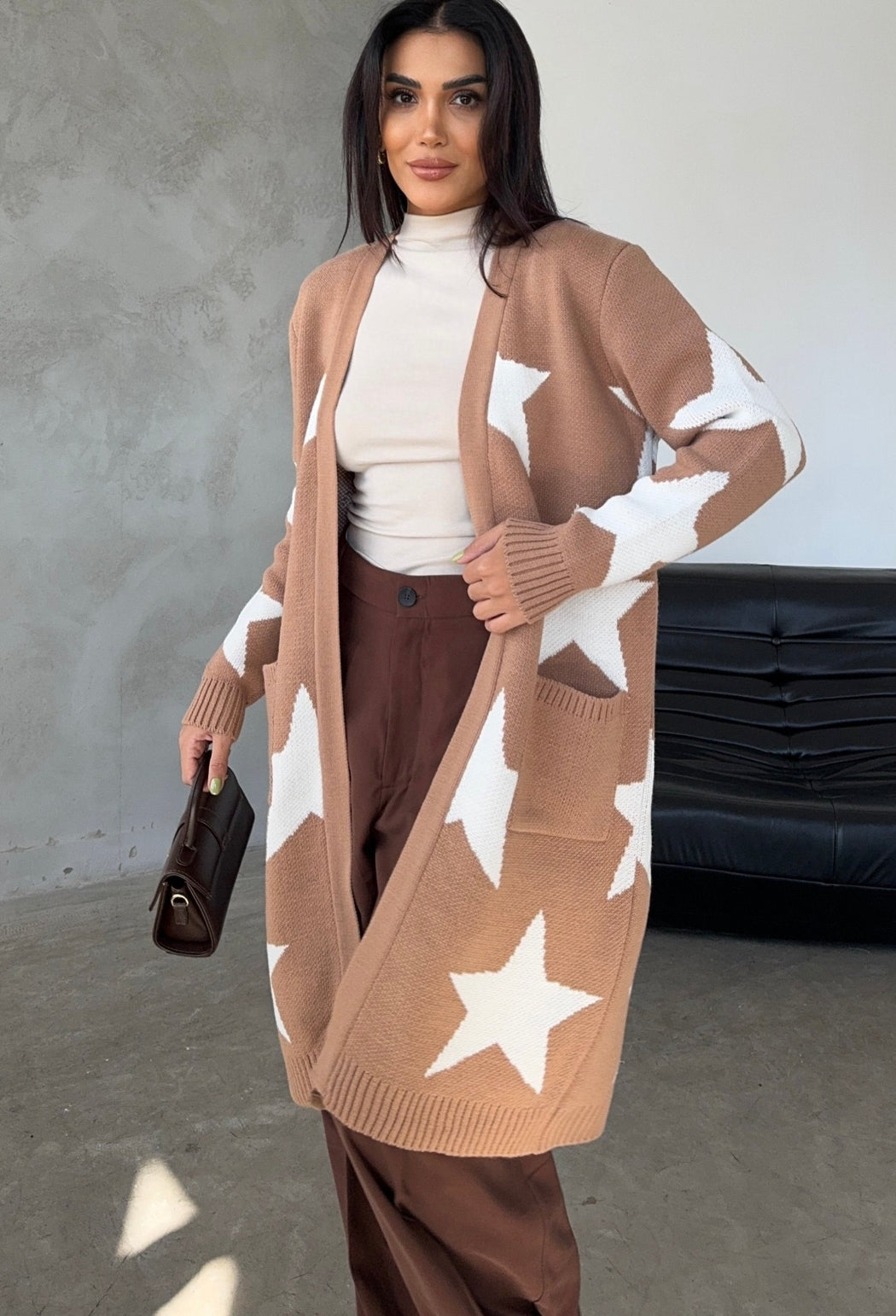 CAMEL LONGLINE MIDI STAR CARDIGAN