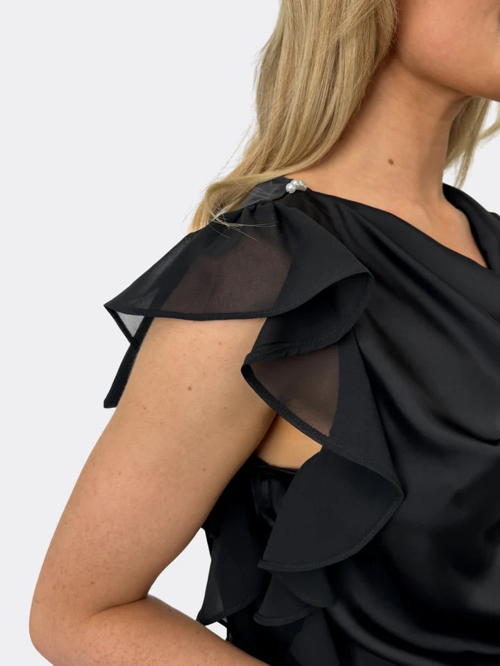 Riley ruffled cowl neck black top