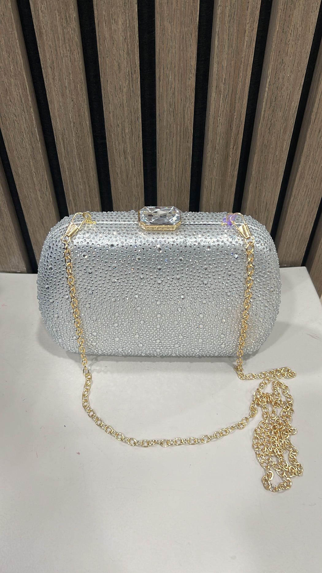 Silver sparkle clutch