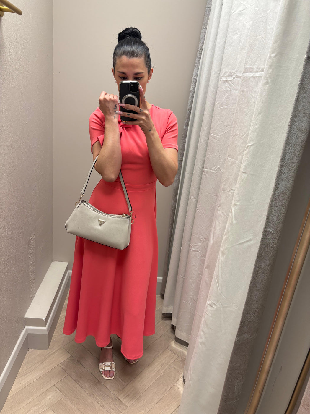 Minta Bow Detail Short Sleeve Midi Dress Coral