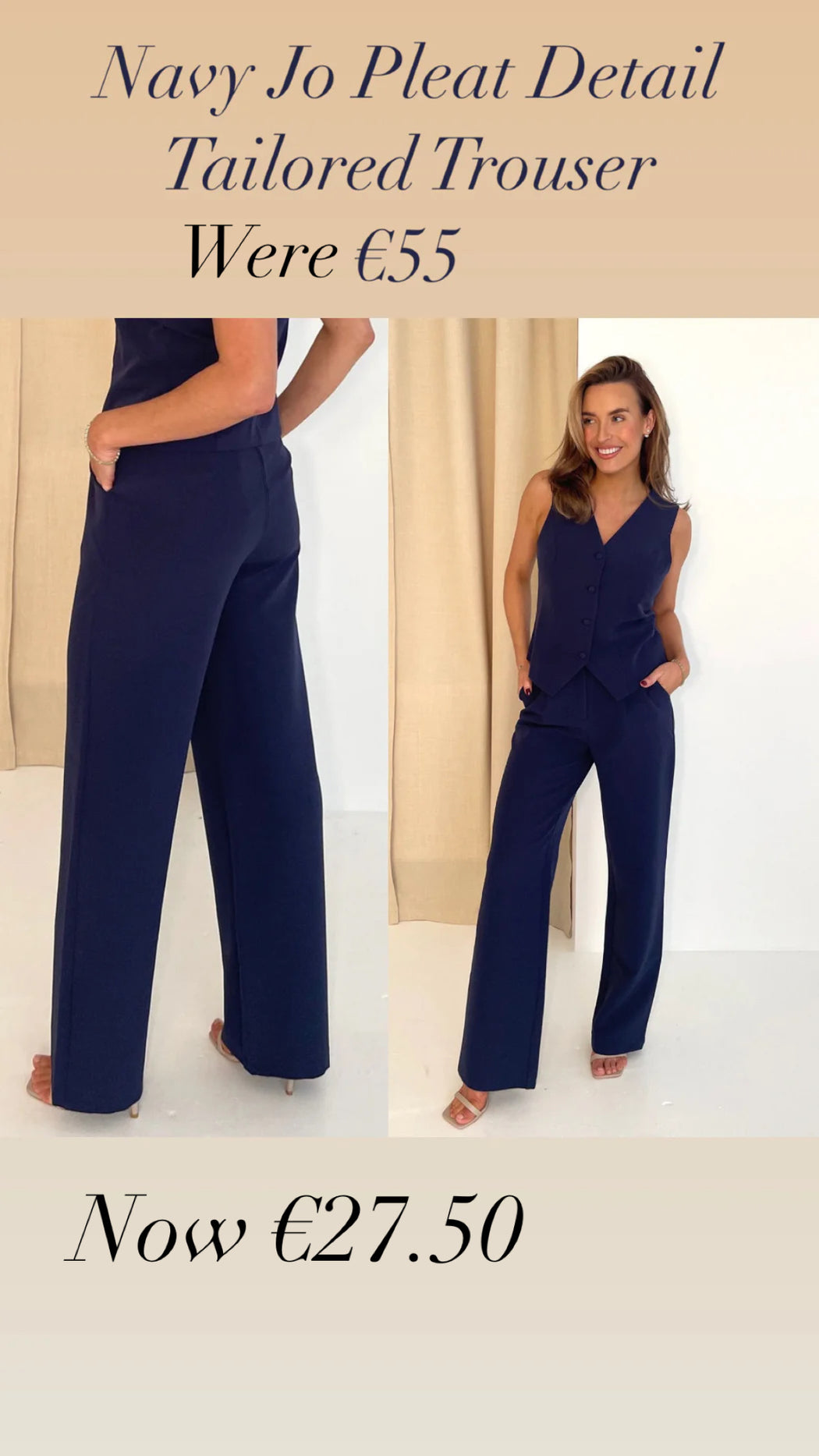 Navy Jo Pleat Detail Tailored Trouser