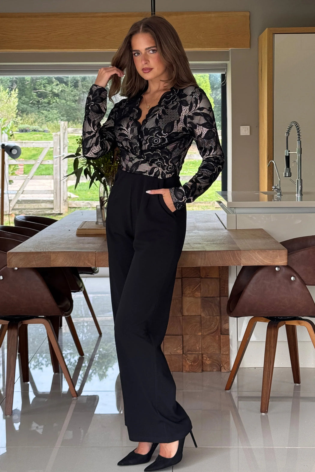 Bridget Twist Font Long Sleeve Lace Jumpsuit Black