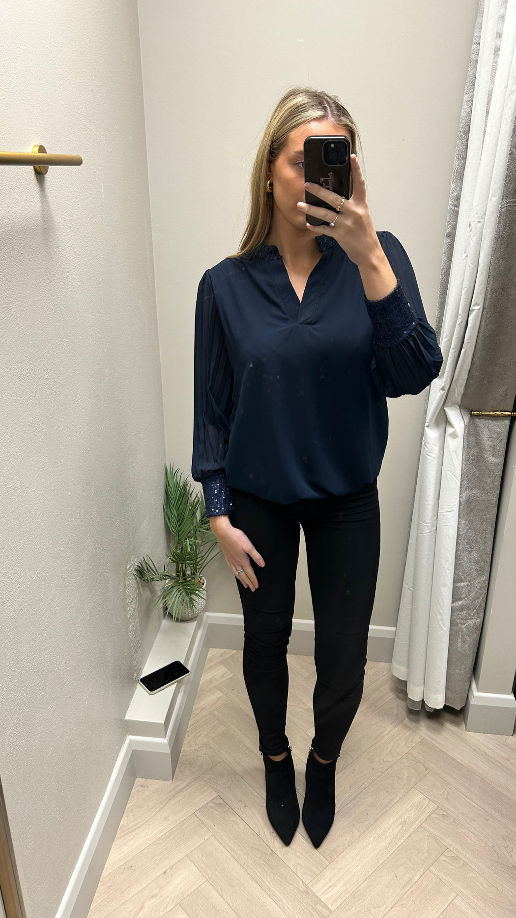 Cassie sparkle trim navy blouse