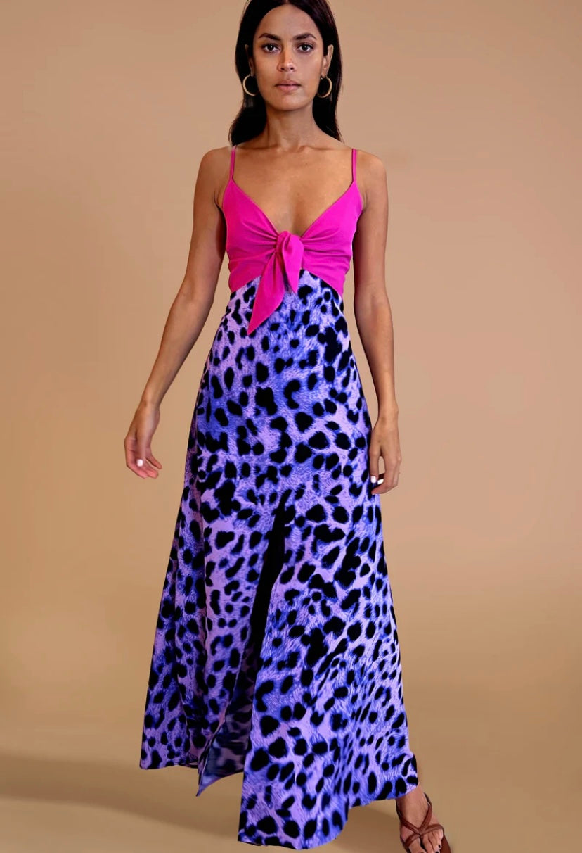 FLORENCE DRESS IN MAGENTA AND LILAC LEOPARD MIX
RECYCLED MATERIALS