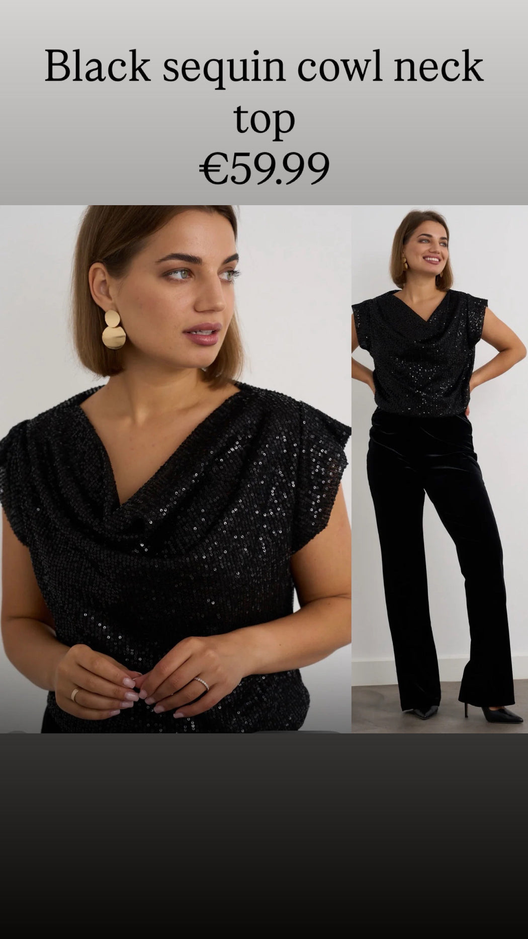 Black sequin cowl neck top