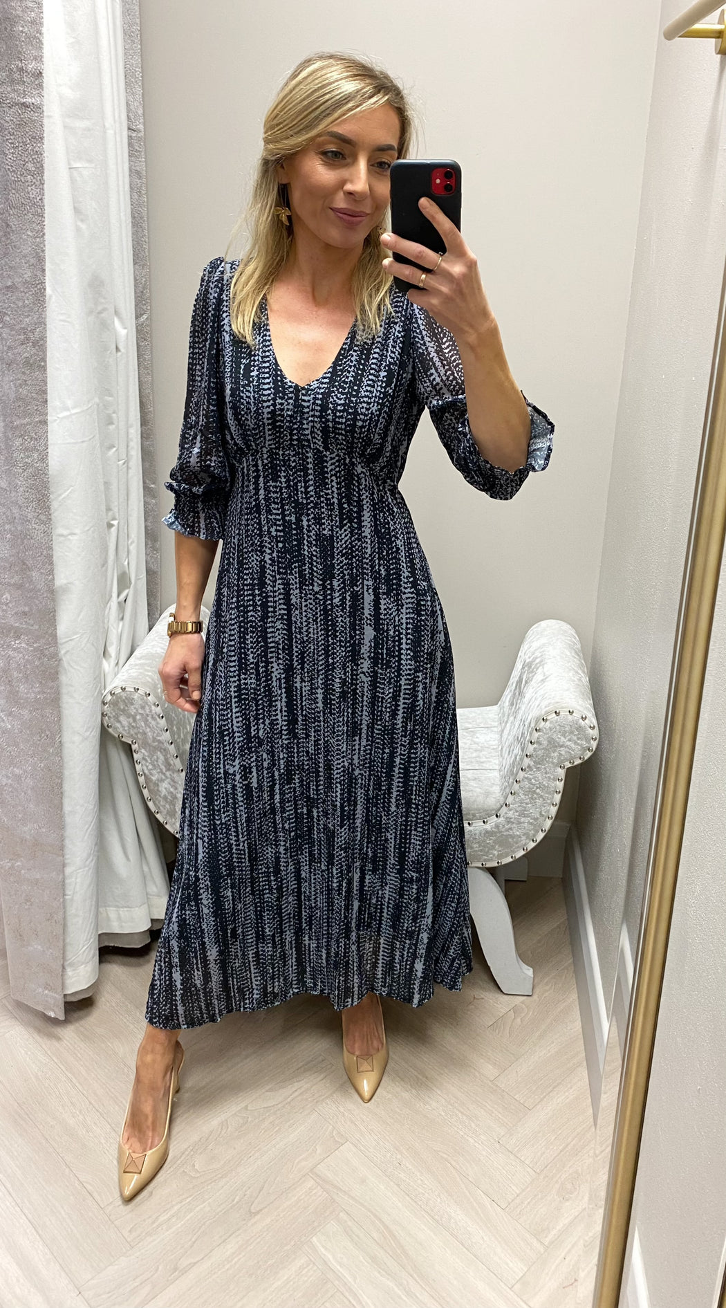 STREASA BLACK GREY PRINT MIDI DRESS