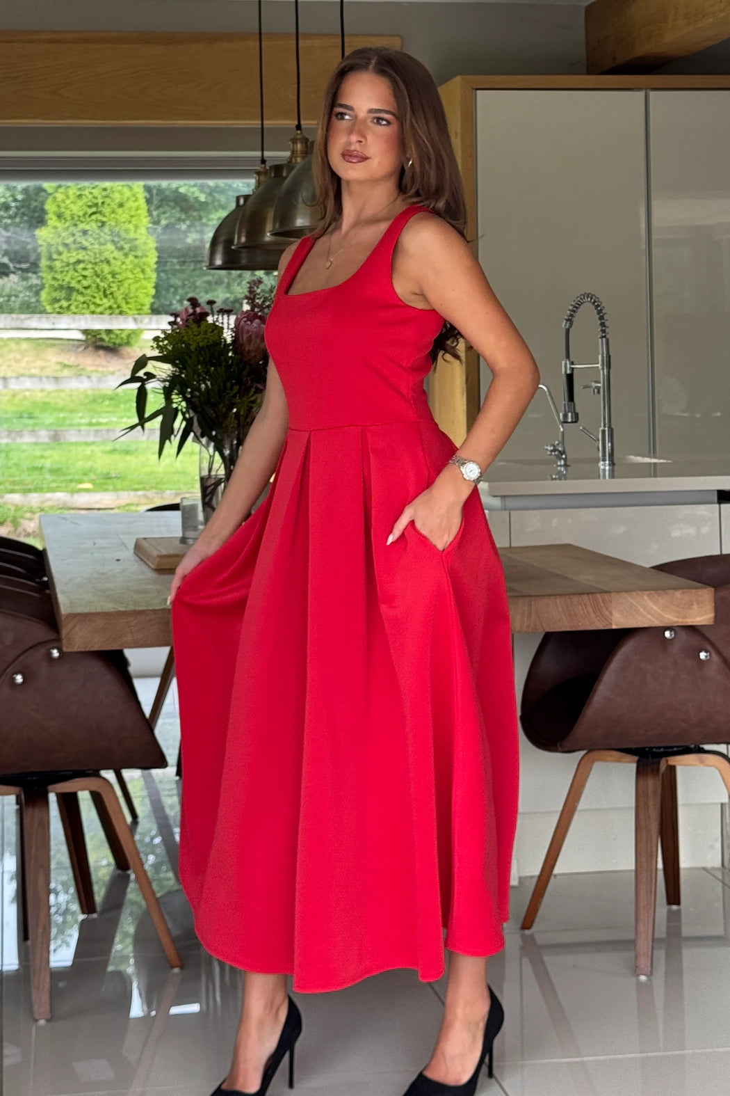 Erica Square Neck Pleated Midi Dress Red