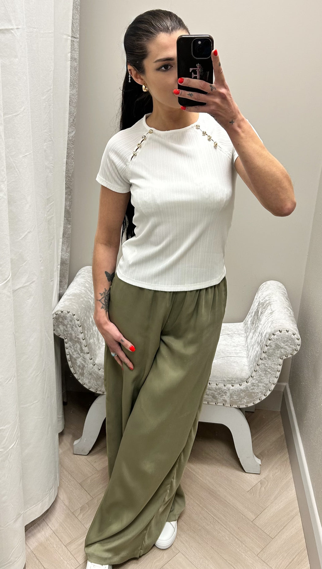 Reggy white diamanté stud detail top