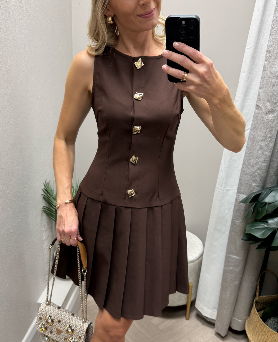 Penelope Tailored Pleated Mini Dress Brown