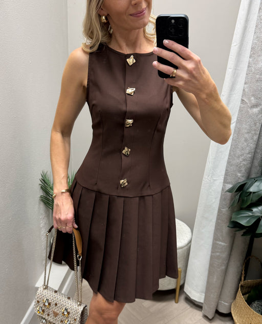 Penelope Tailored Pleated Mini Dress Brown