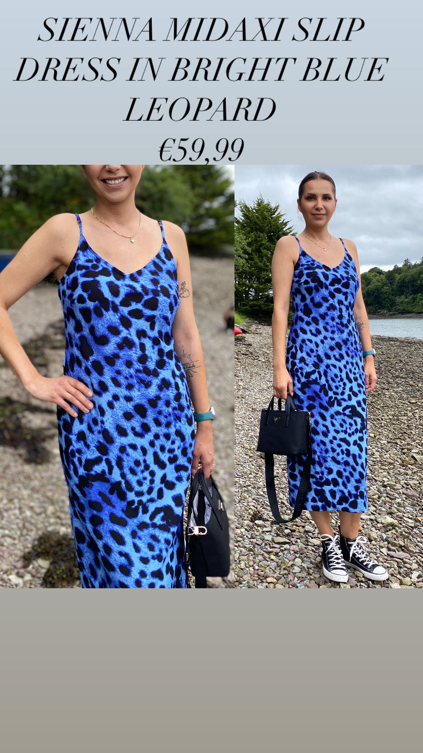 SIENNA MIDAXI SLIP DRESS IN BRIGHT BLUE LEOPARD