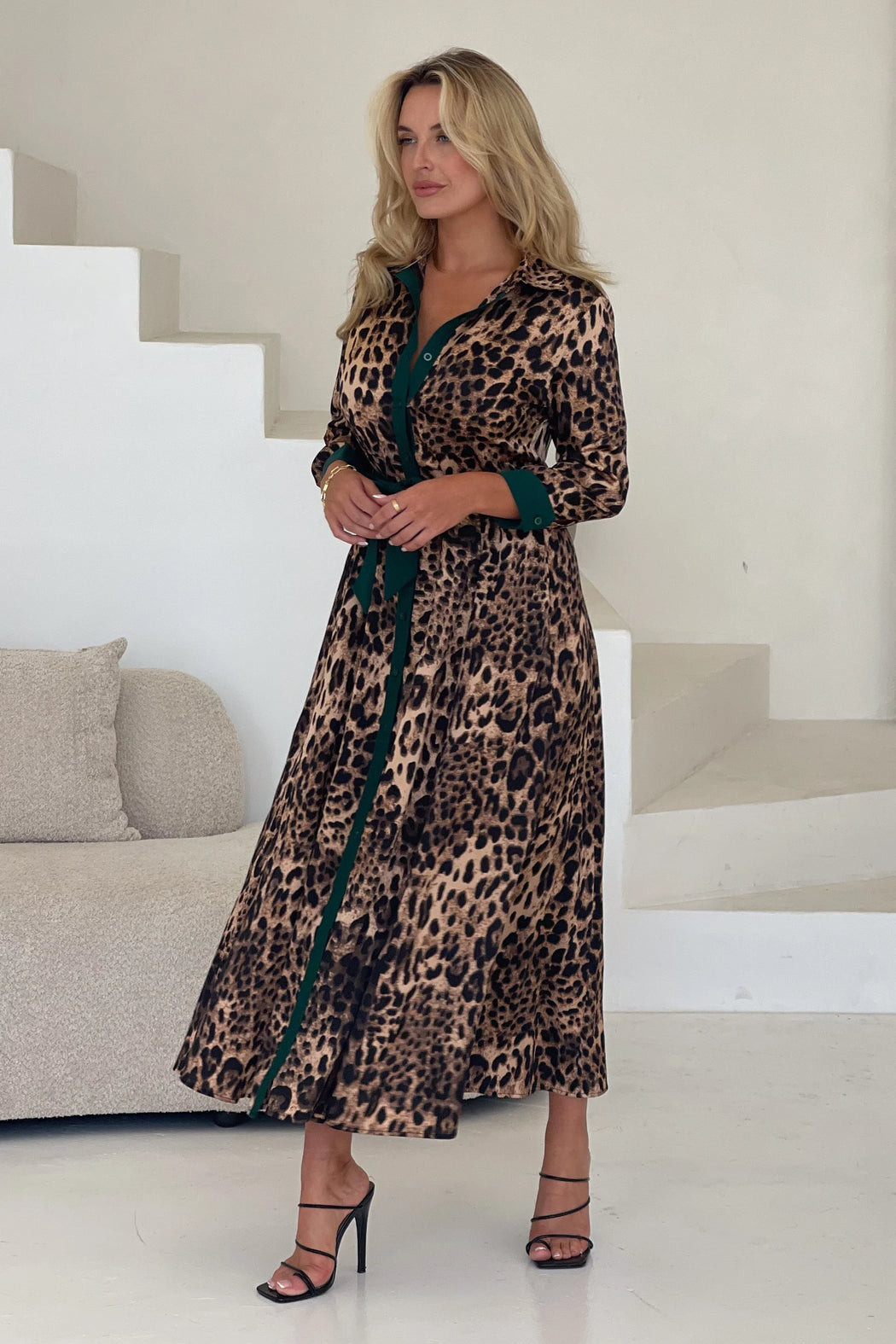 Angela Leopard Print Green Shirt Maxi Dress