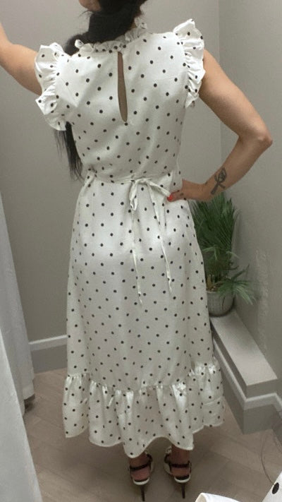 Polka Dot Satin Midi Dress - Cream