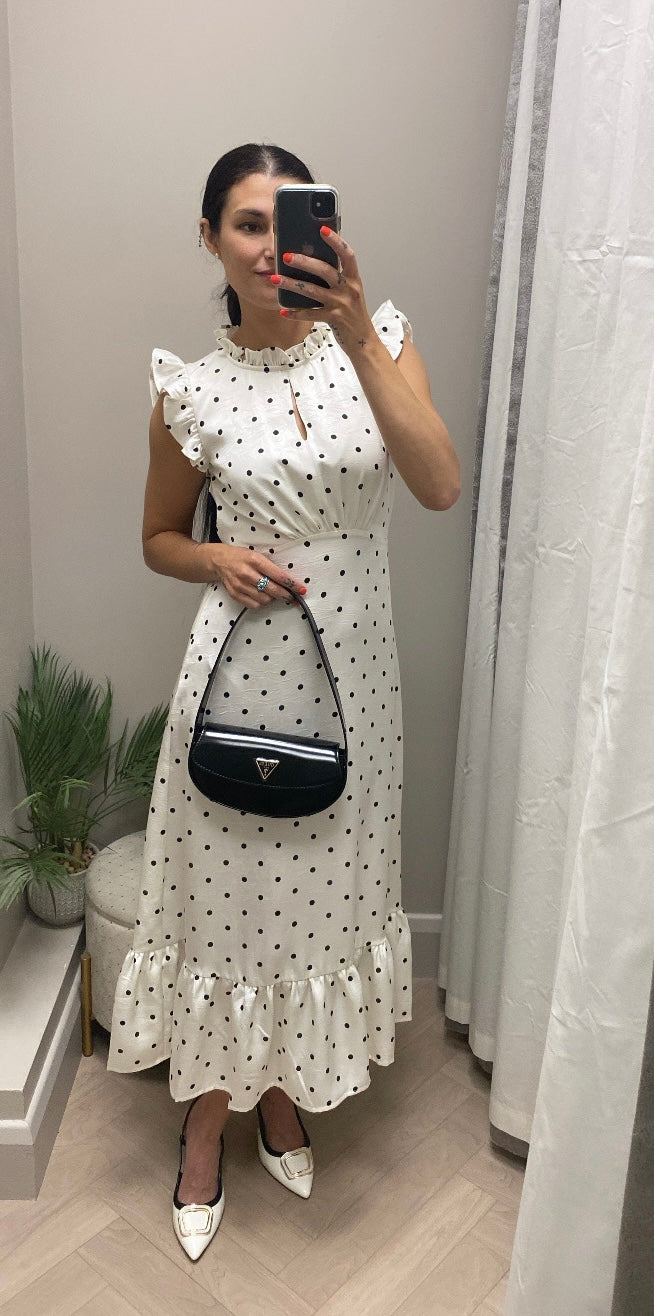 Polka Dot Satin Midi Dress - Cream
