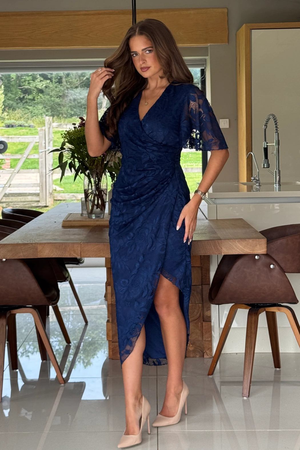 Natasha Angel Sleeve Wrap Midi Dress In Navy Lace