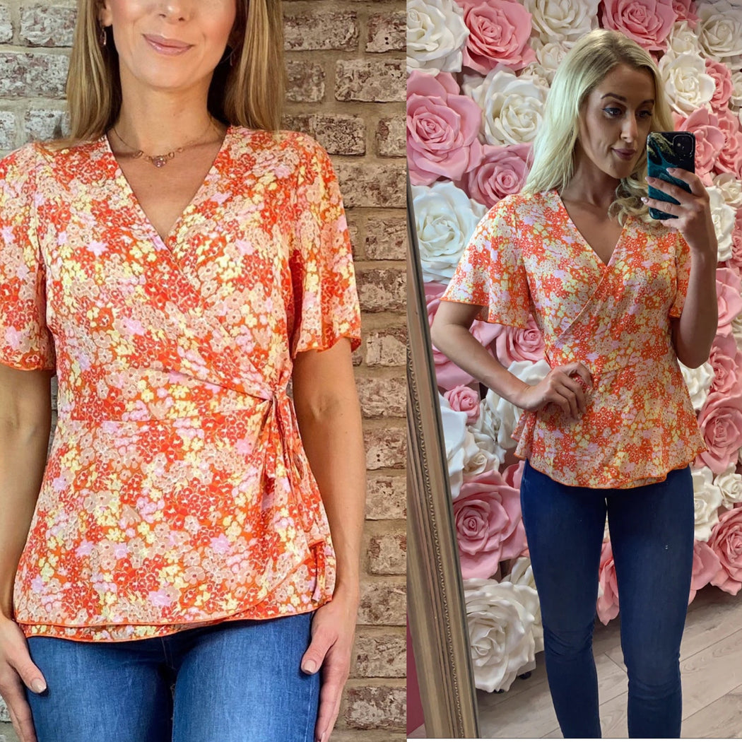 Ophelia orange Tie Side Wrap Top Orange Floral GIM sale