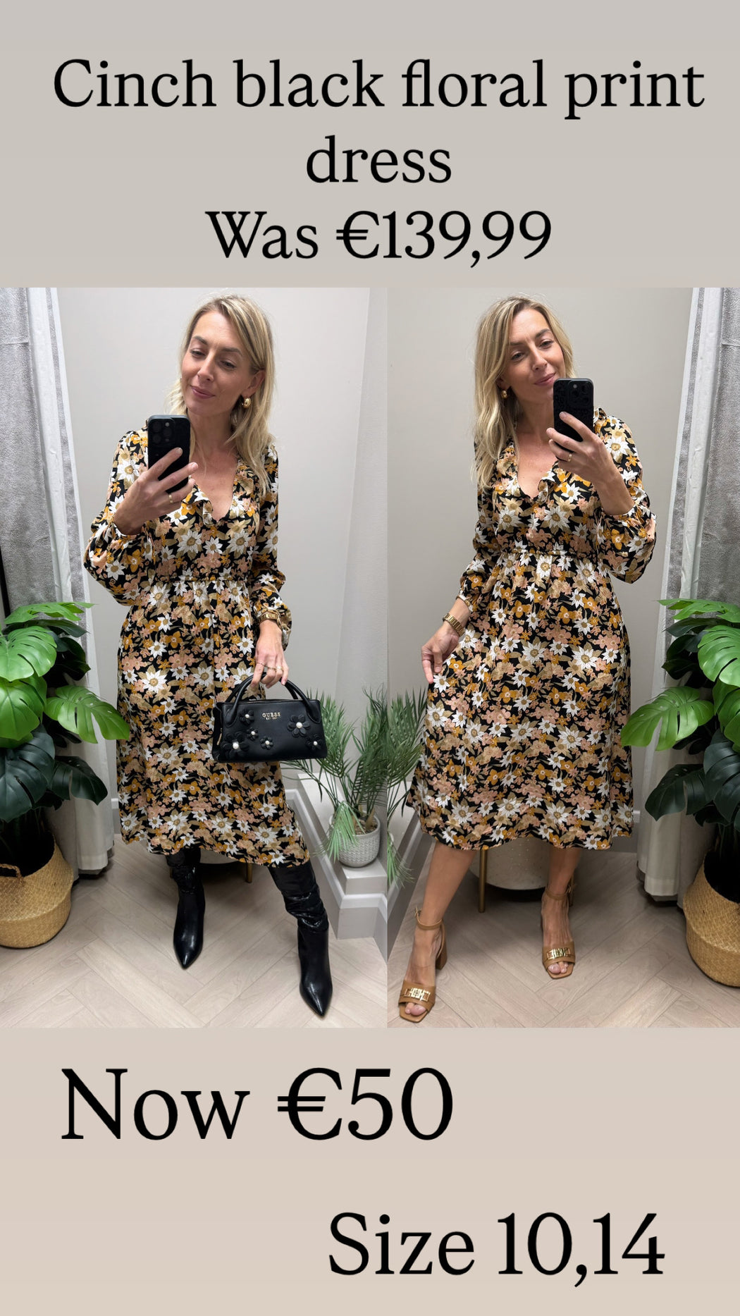 Cinch black floral print dress