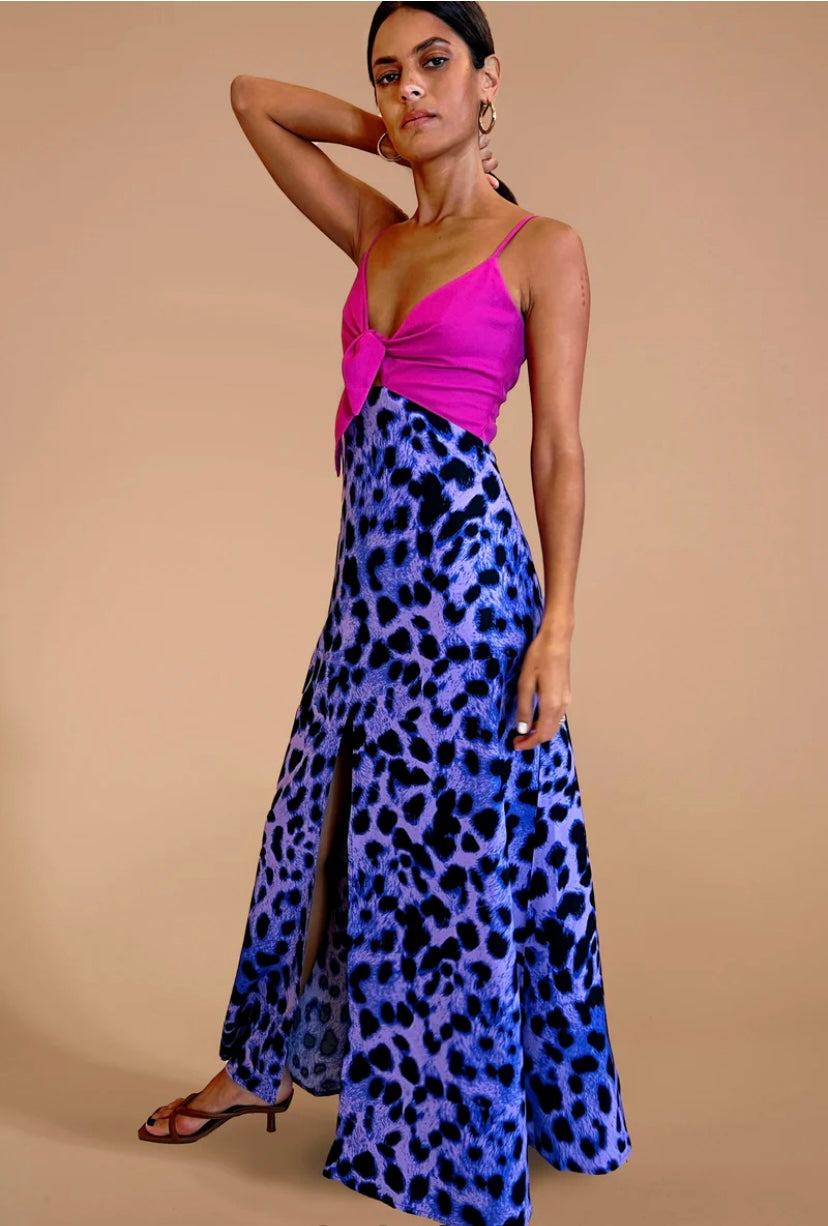 FLORENCE DRESS IN MAGENTA AND LILAC LEOPARD MIX
RECYCLED MATERIALS