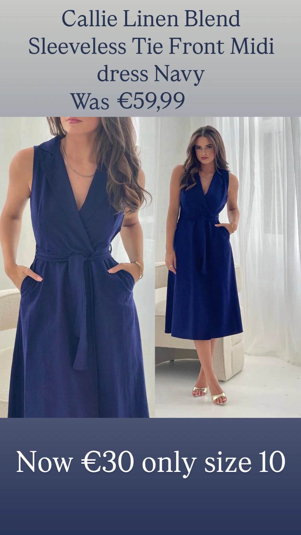 Callie Linen Blend Sleeveless Tie Front Midi dress Navy