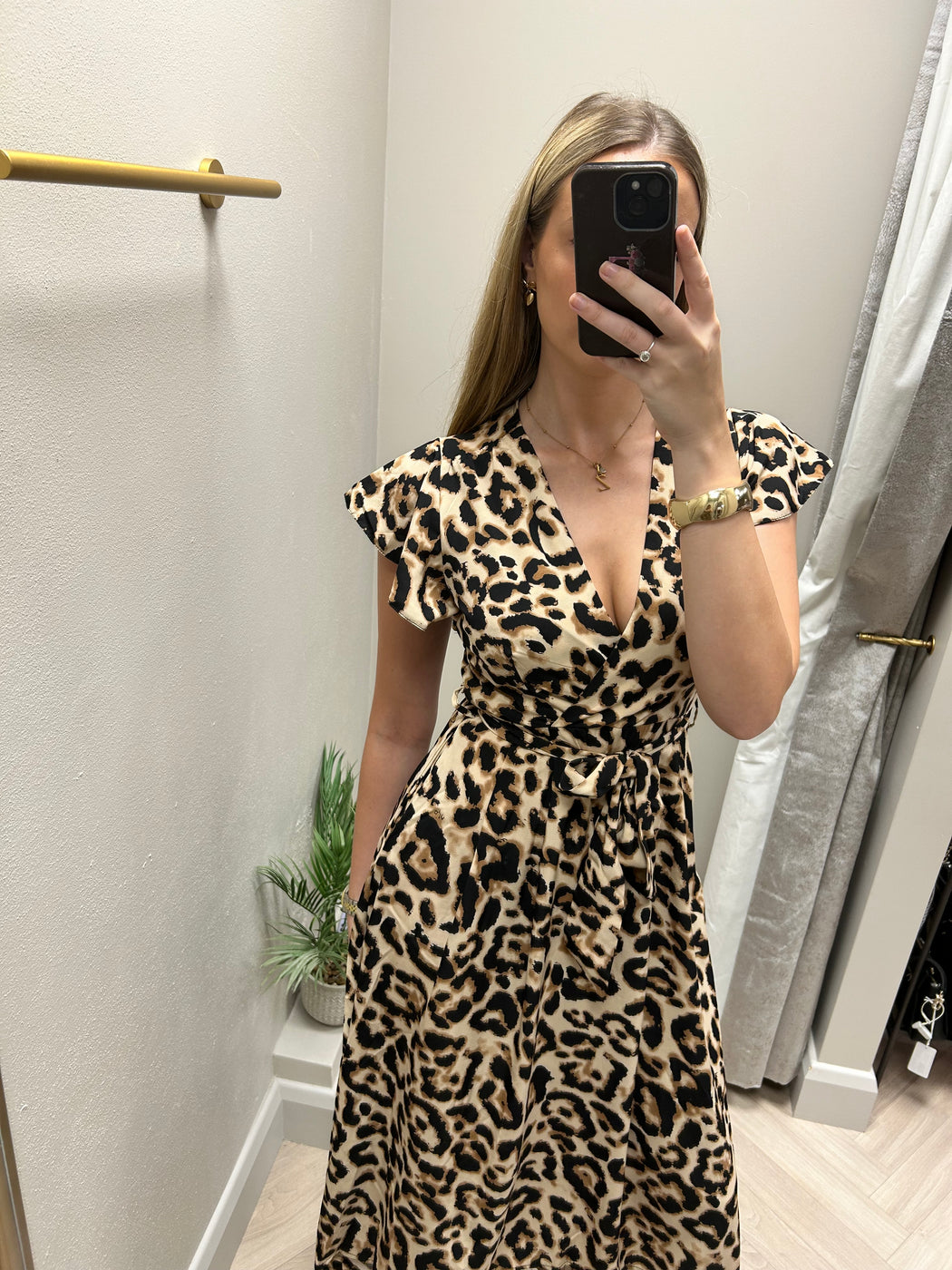 DA1998 Multi Leopard Print Short Sleeve Belted Wrap Midi Dress